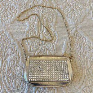 Gold crystal embellished beaded evening bag with chain strap